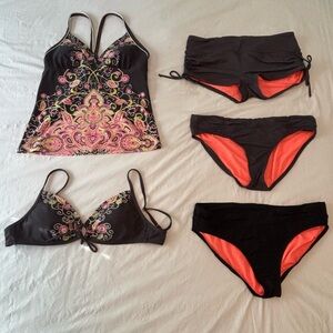 Athleta Charcoal and Coral Paisley Swim Tops and Bottoms Medium
